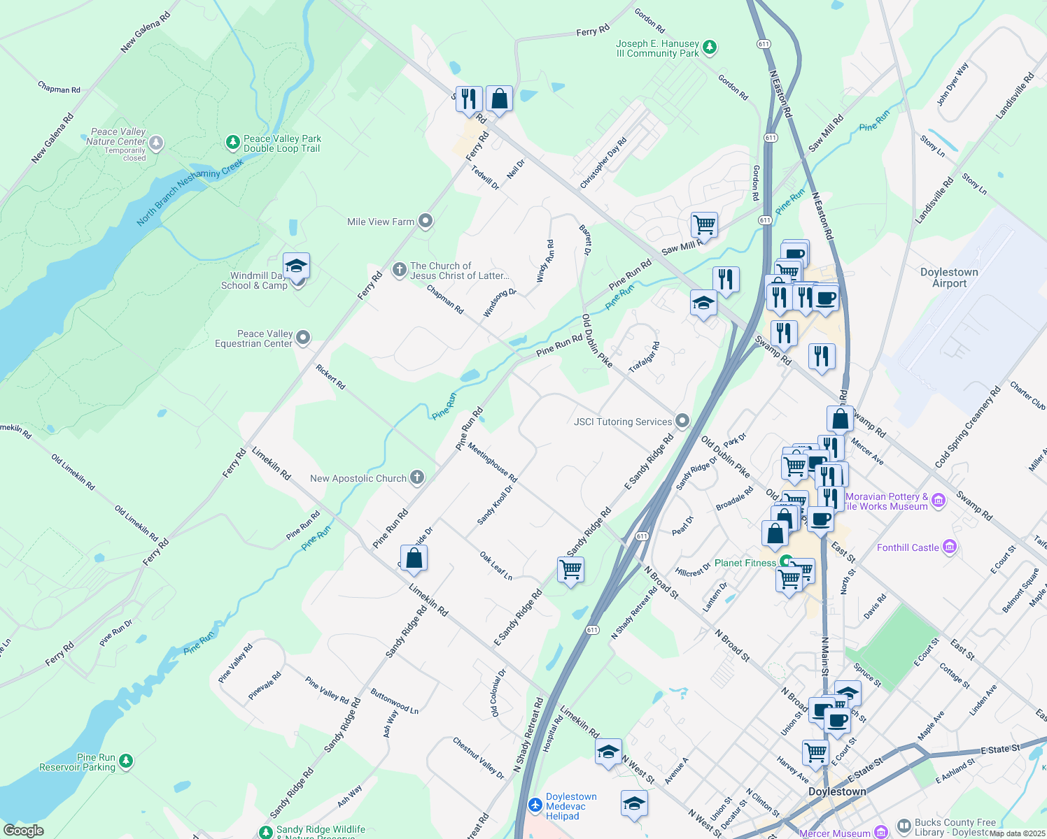 map of restaurants, bars, coffee shops, grocery stores, and more near 176 Sandy Knoll Drive in Doylestown