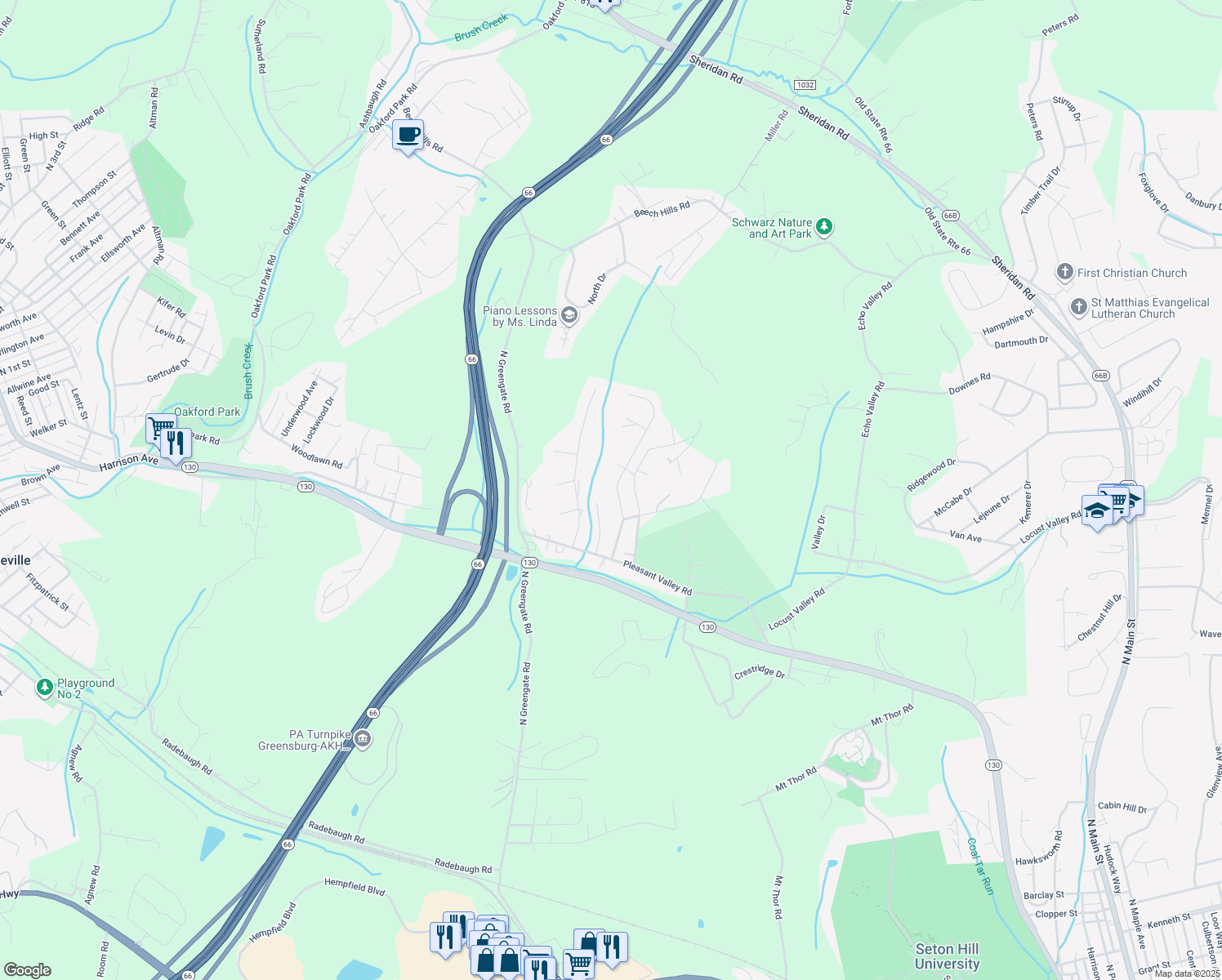 map of restaurants, bars, coffee shops, grocery stores, and more near 4043 Briarwood Drive in Jeannette