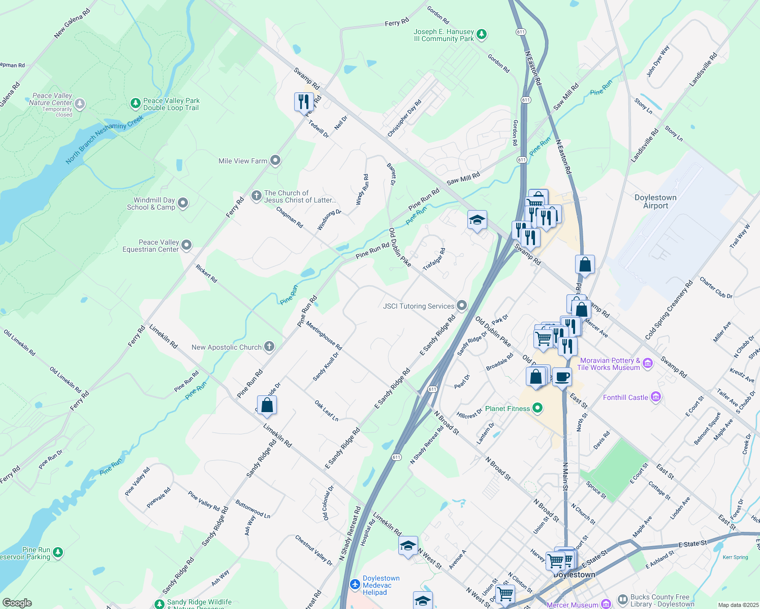 map of restaurants, bars, coffee shops, grocery stores, and more near 102 Sandy Knoll Circle in Doylestown