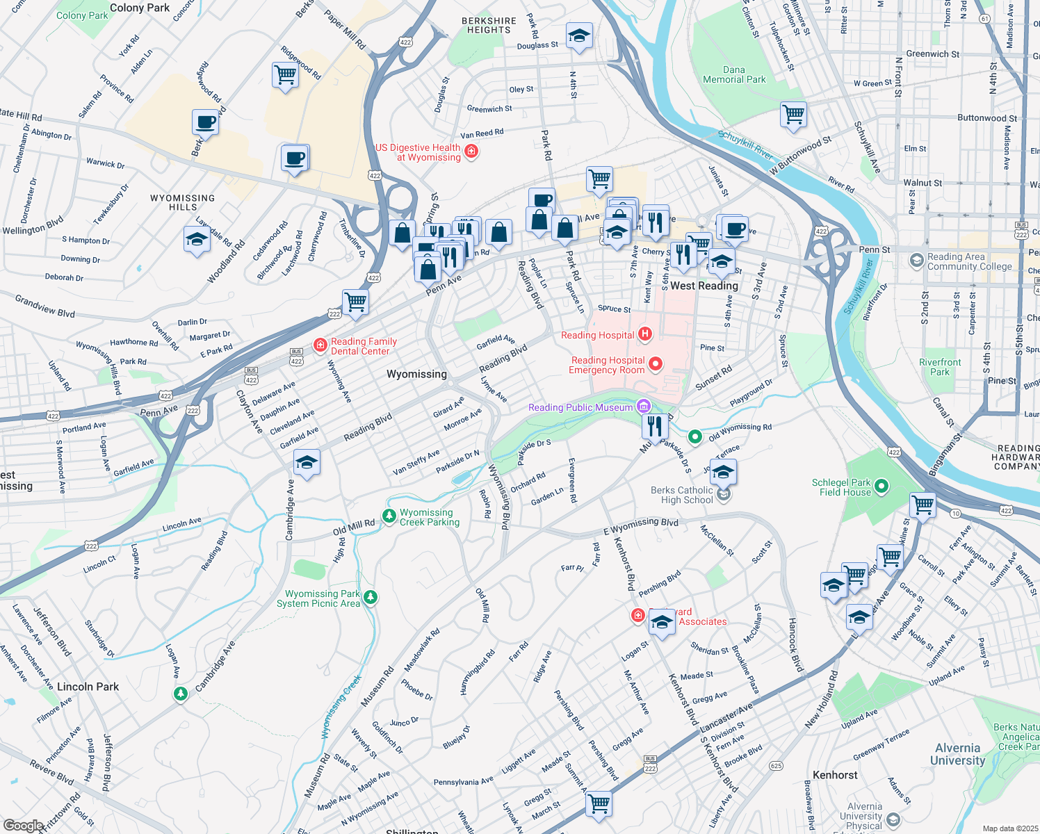map of restaurants, bars, coffee shops, grocery stores, and more near 1125 Parkside Drive North in Wyomissing