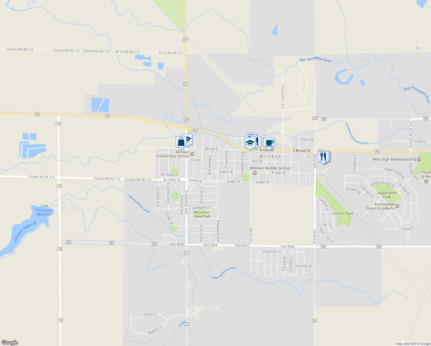map of restaurants, bars, coffee shops, grocery stores, and more near 420 Forest Street in Milliken