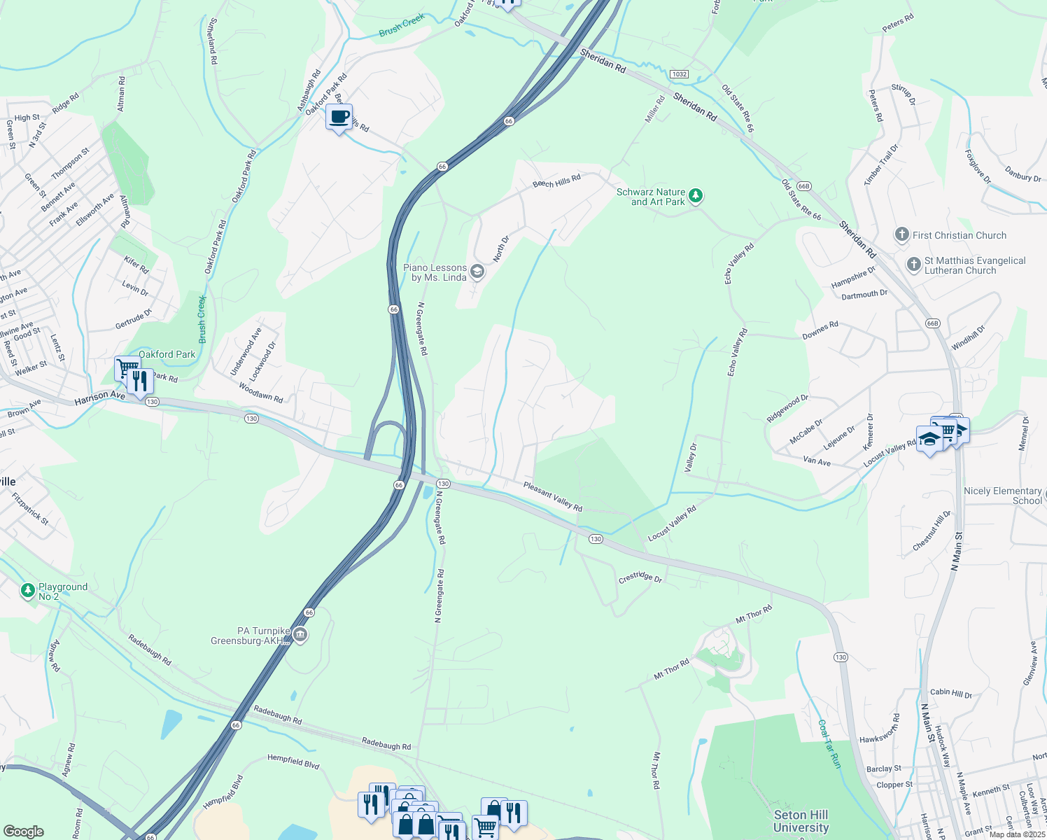 map of restaurants, bars, coffee shops, grocery stores, and more near 4043 Briarwood Drive in Jeannette