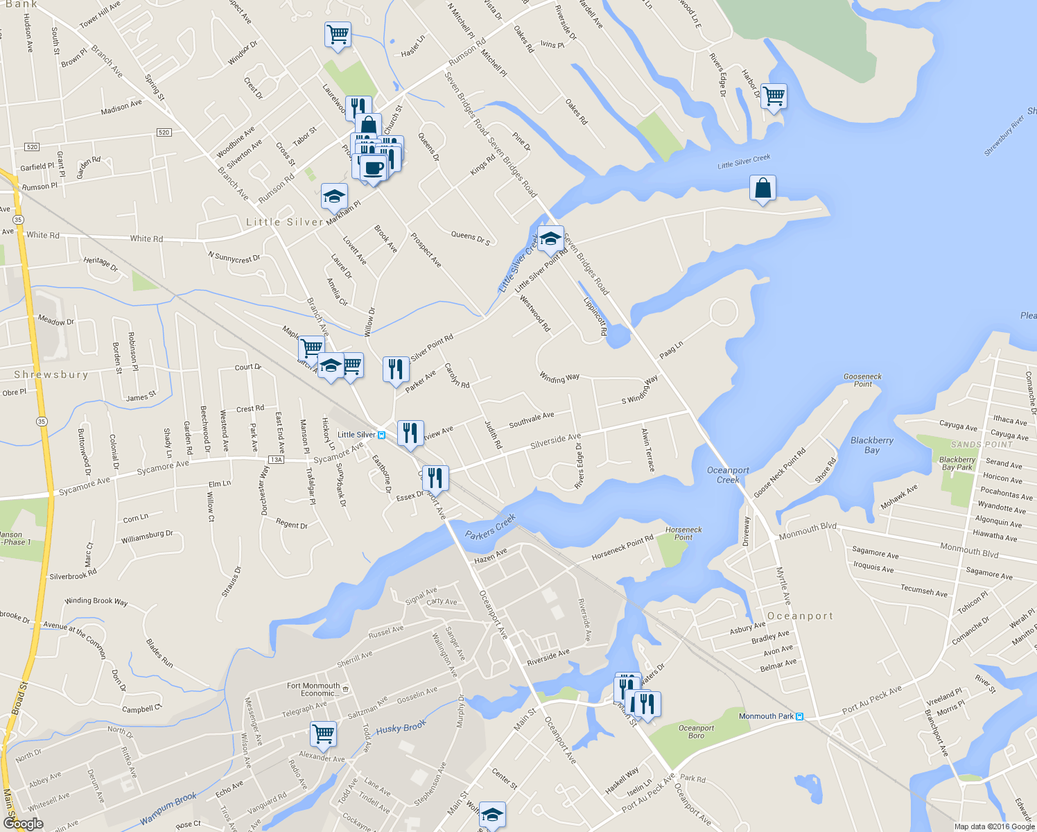 map of restaurants, bars, coffee shops, grocery stores, and more near 27 Southvale Avenue in Little Silver