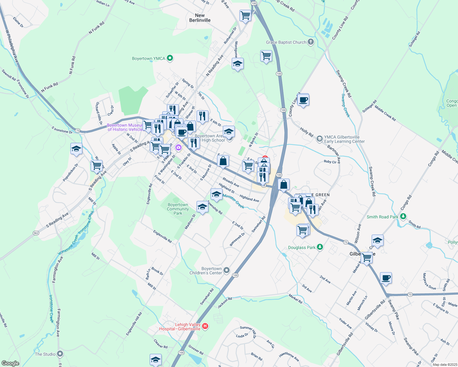 map of restaurants, bars, coffee shops, grocery stores, and more near 644 Rhoads Avenue in Boyertown