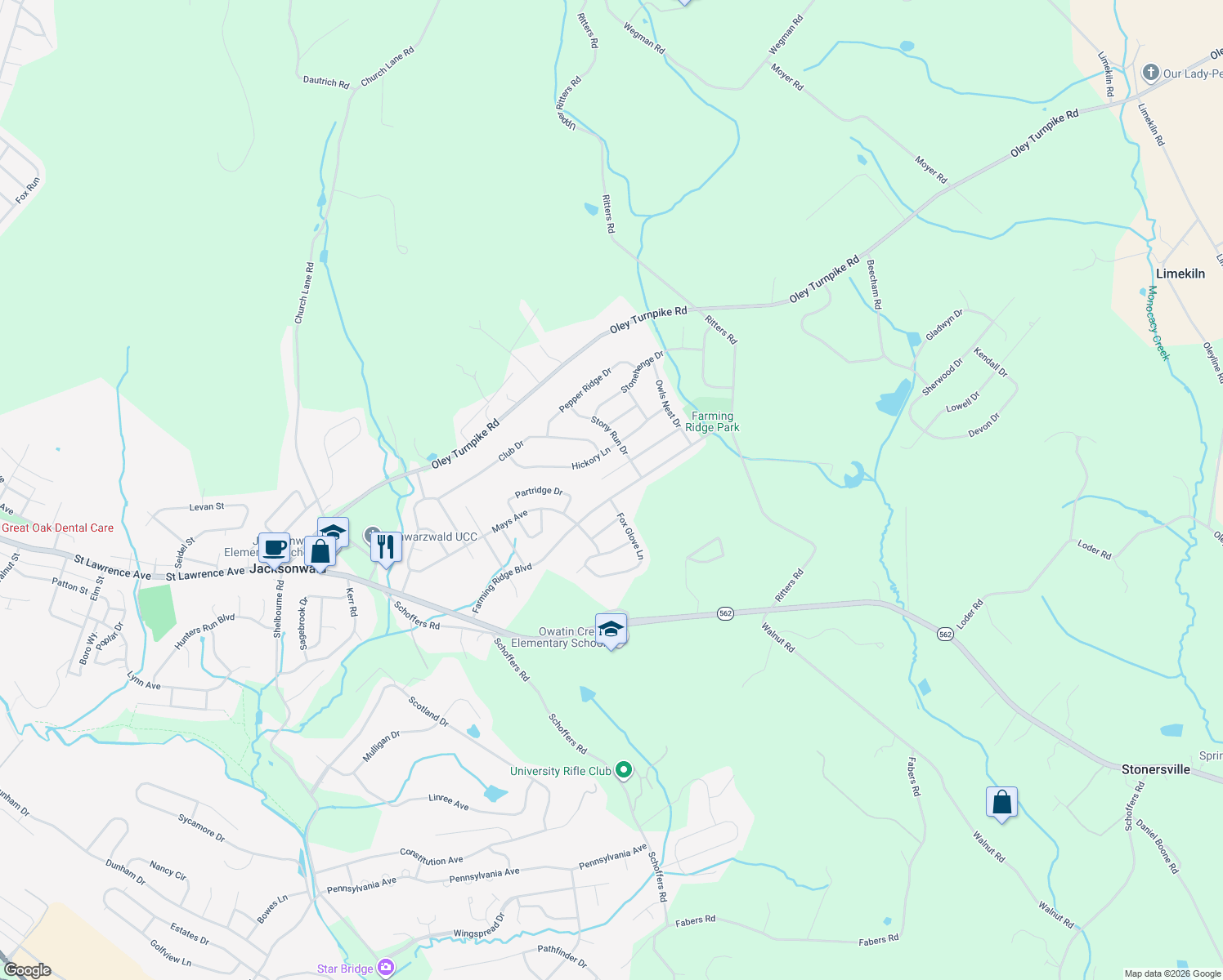 map of restaurants, bars, coffee shops, grocery stores, and more near 5001 Farming Ridge Boulevard in Reading