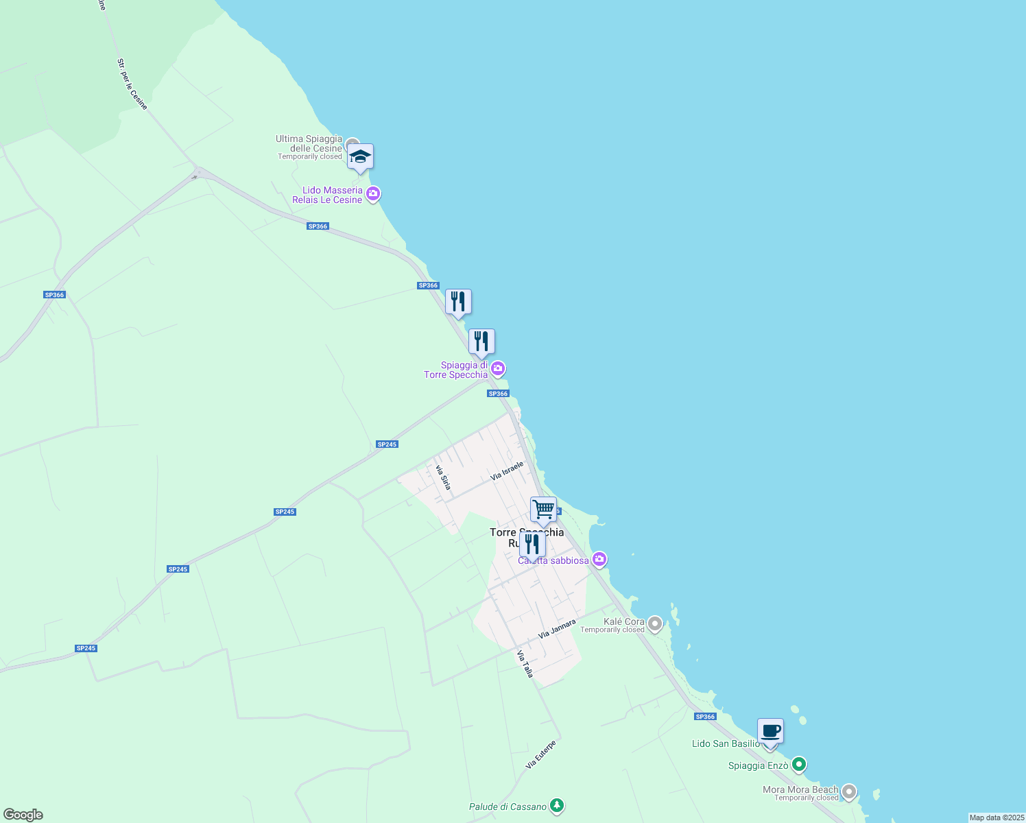 map of restaurants, bars, coffee shops, grocery stores, and more near Strada Provinciale 366 in Torre Specchia Ruggeri