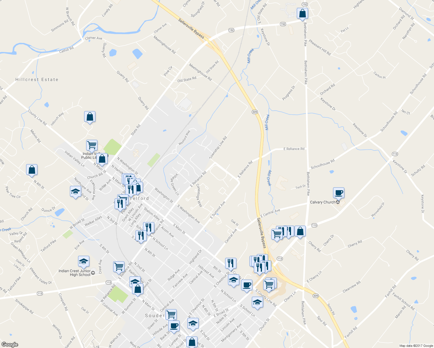 map of restaurants, bars, coffee shops, grocery stores, and more near 23 Centennial Road in Telford
