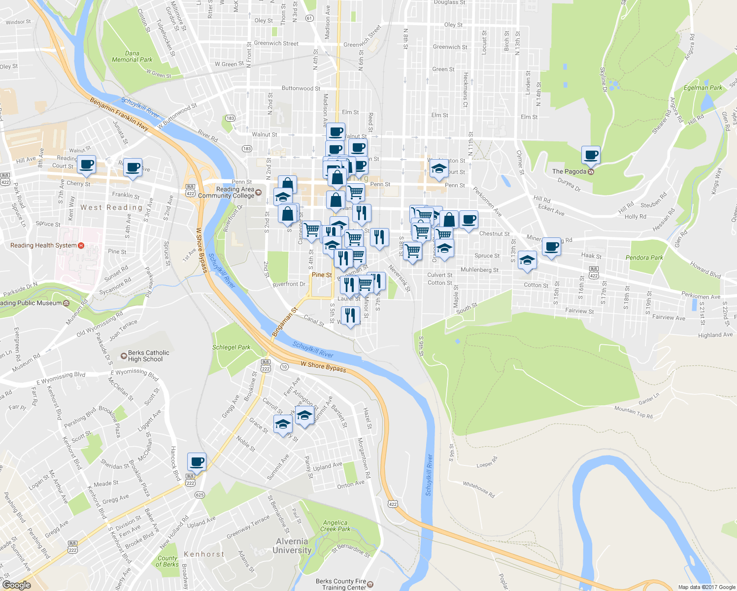 map of restaurants, bars, coffee shops, grocery stores, and more near 627 Laurel Street in Reading