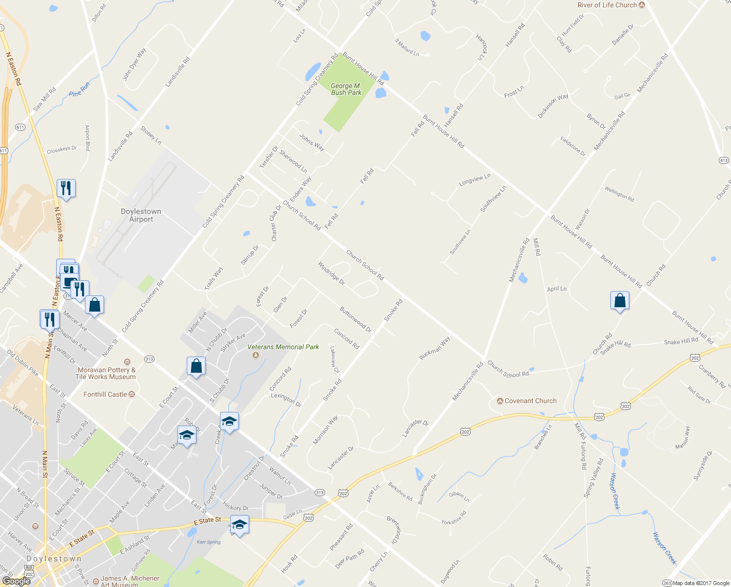 map of restaurants, bars, coffee shops, grocery stores, and more near 3576 Windridge Drive in Doylestown