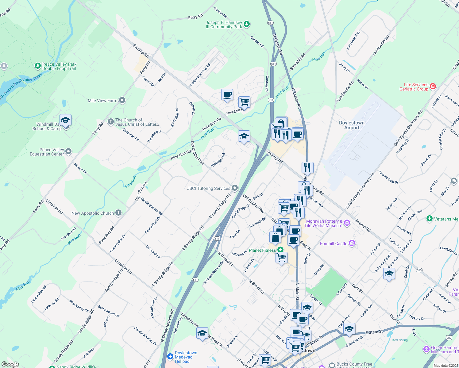 map of restaurants, bars, coffee shops, grocery stores, and more near 234 Old Dublin Pike in Doylestown