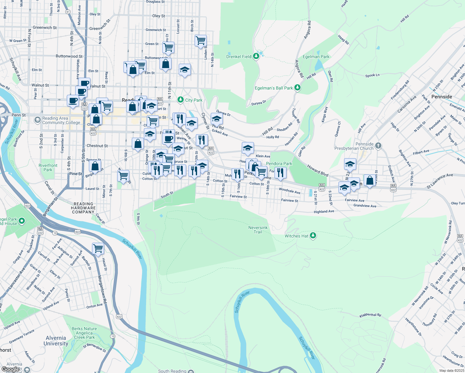 map of restaurants, bars, coffee shops, grocery stores, and more near 519 South 15 1/2 Street in Reading