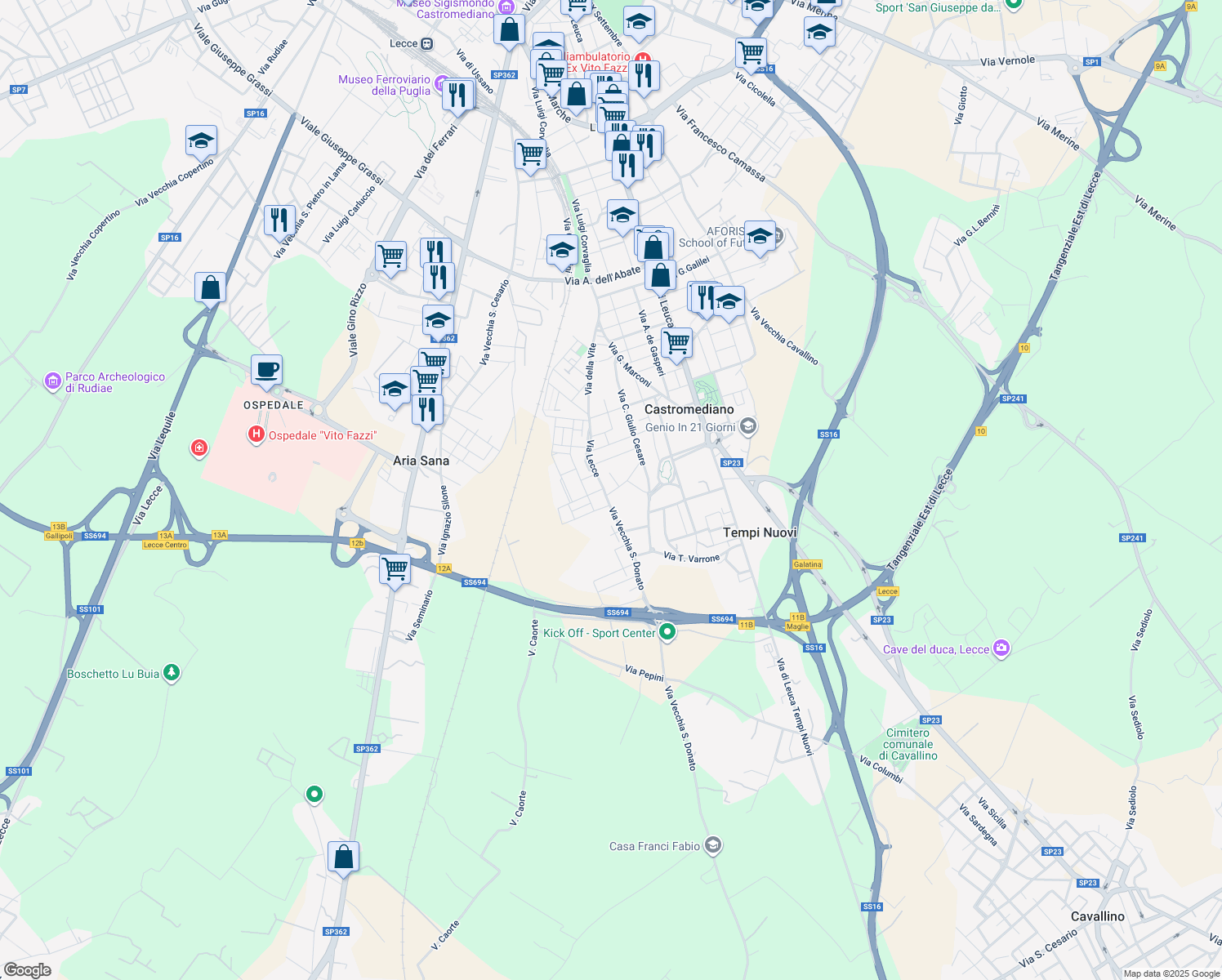 map of restaurants, bars, coffee shops, grocery stores, and more near 10 Via Luciano Sambati in Castromediano