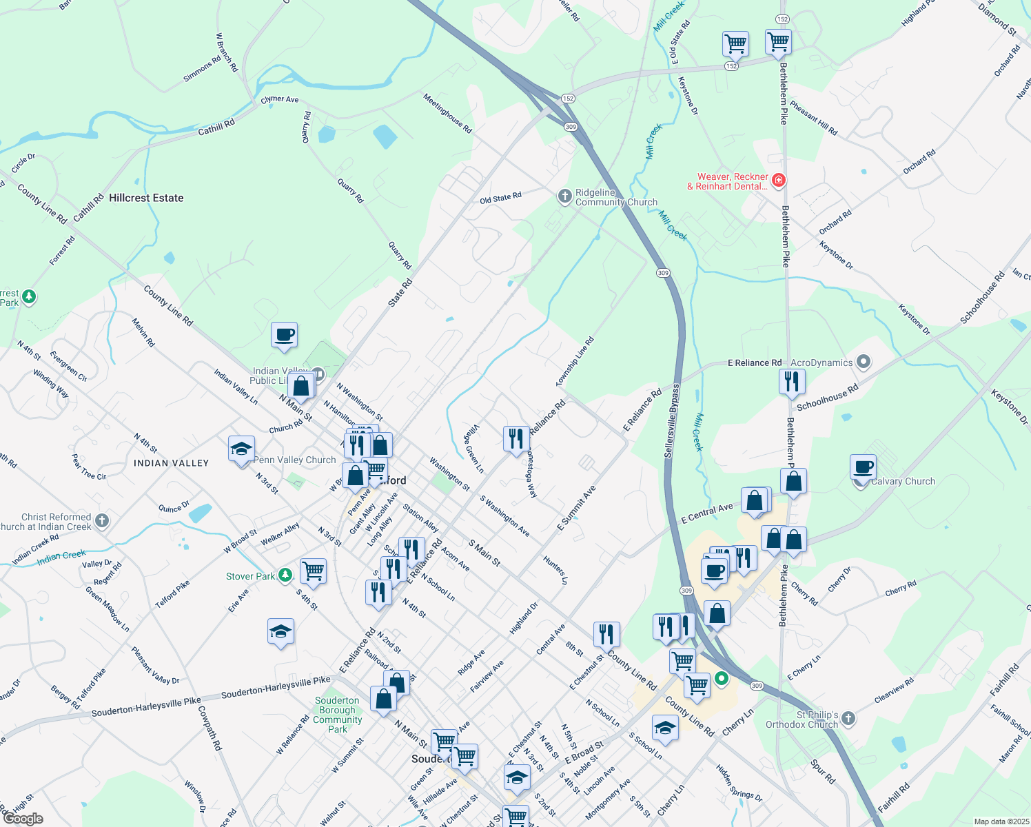 map of restaurants, bars, coffee shops, grocery stores, and more near 218 Spring House Lane in Telford