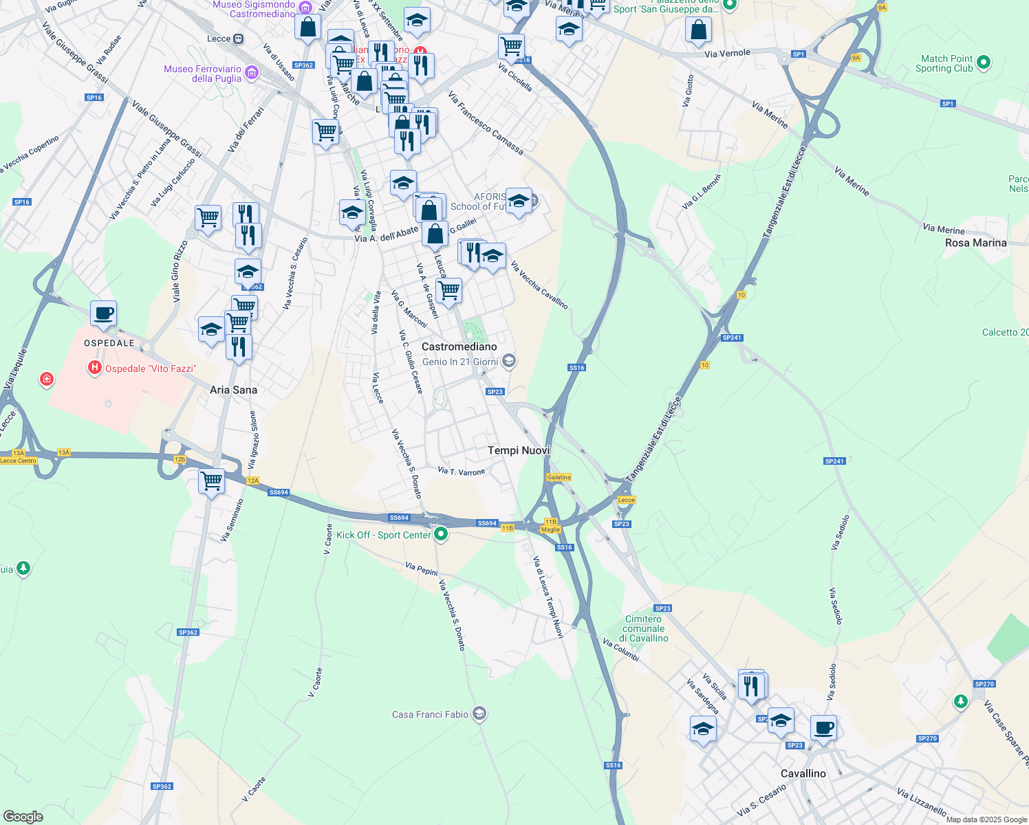 map of restaurants, bars, coffee shops, grocery stores, and more near SP23 in Castromediano