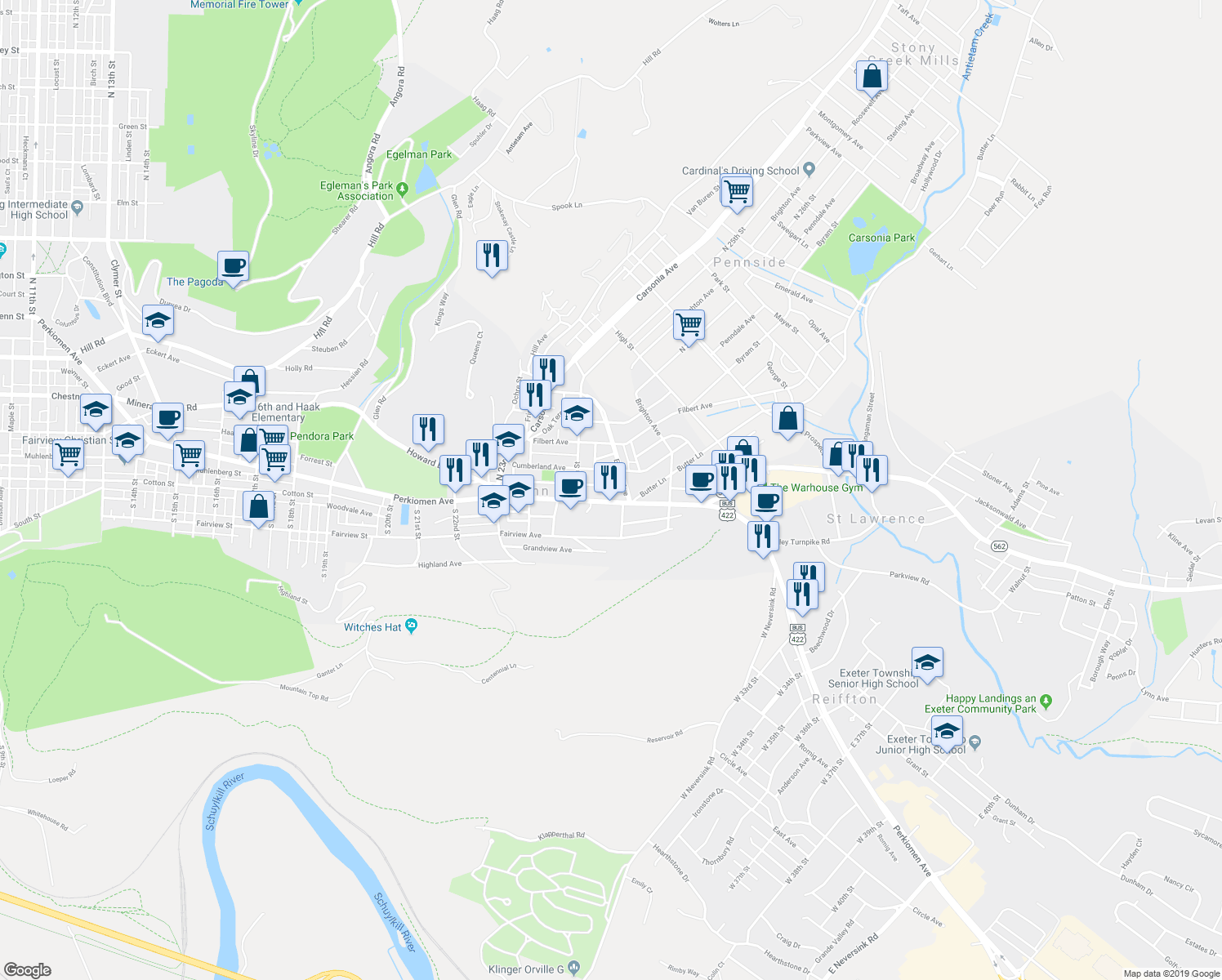 map of restaurants, bars, coffee shops, grocery stores, and more near 2554 Grant Street in Reading