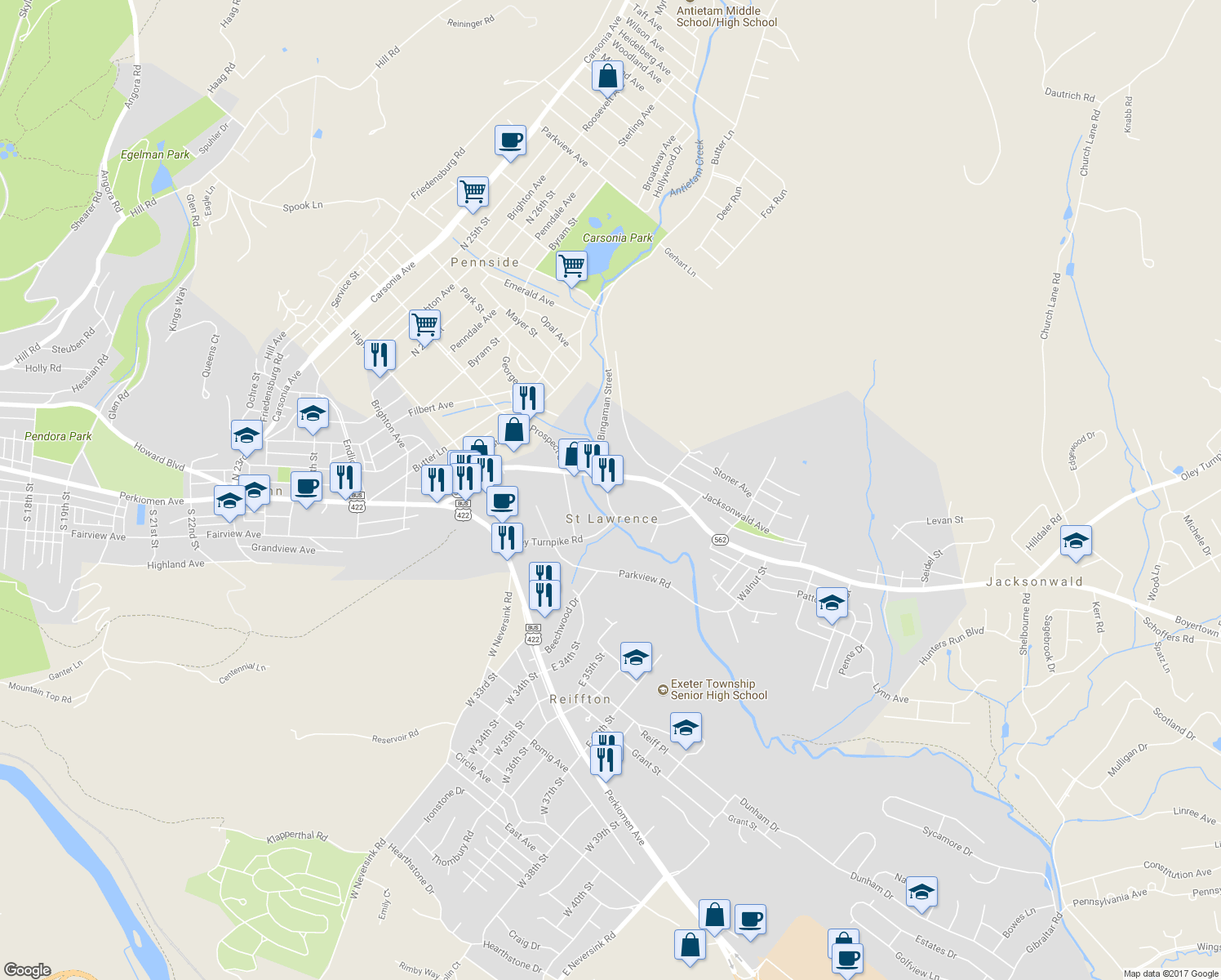 map of restaurants, bars, coffee shops, grocery stores, and more near 19 Bingaman Street in Reading