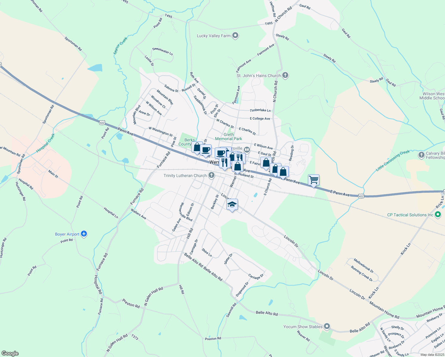 map of restaurants, bars, coffee shops, grocery stores, and more near 104 Beckley Street in Wernersville