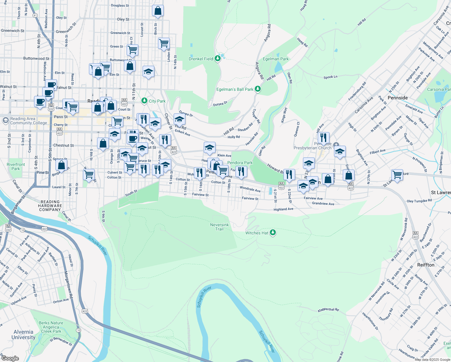 map of restaurants, bars, coffee shops, grocery stores, and more near 1753 Cotton St in Reading