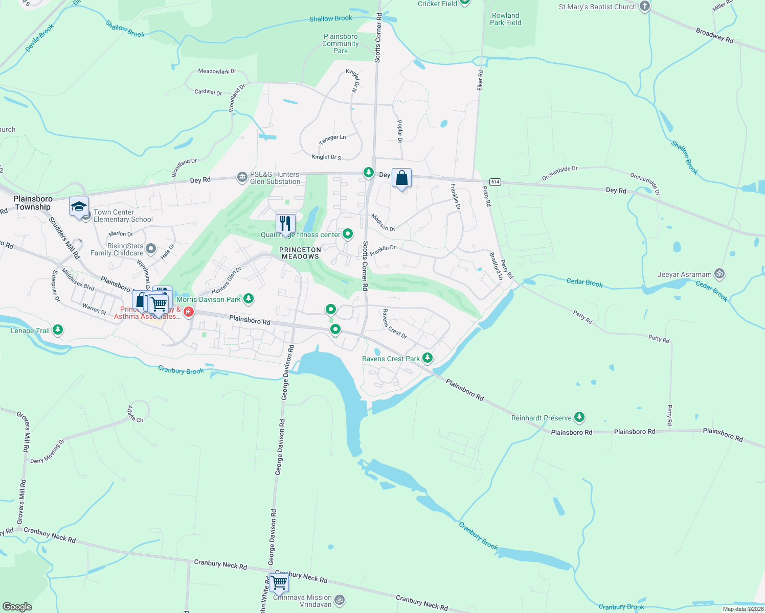 map of restaurants, bars, coffee shops, grocery stores, and more near 1907 Ravens Crest Drive in Princeton Meadows