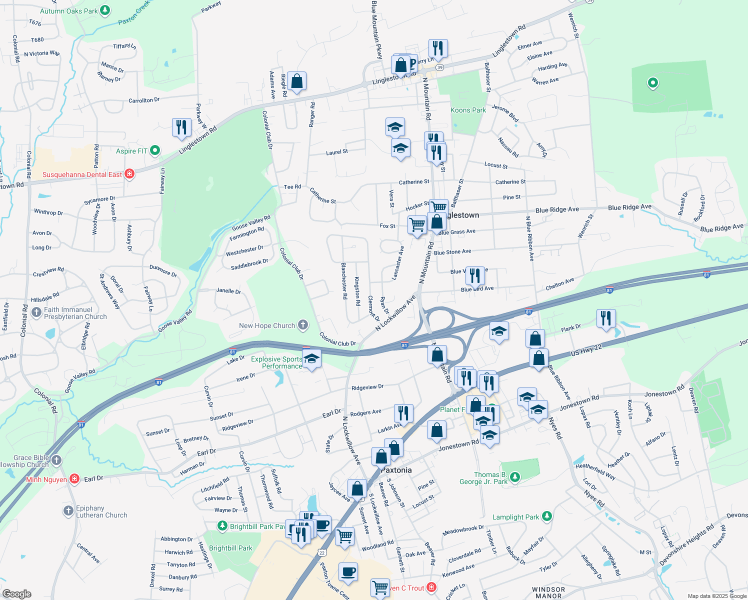 map of restaurants, bars, coffee shops, grocery stores, and more near 513 Clermont Drive in Harrisburg