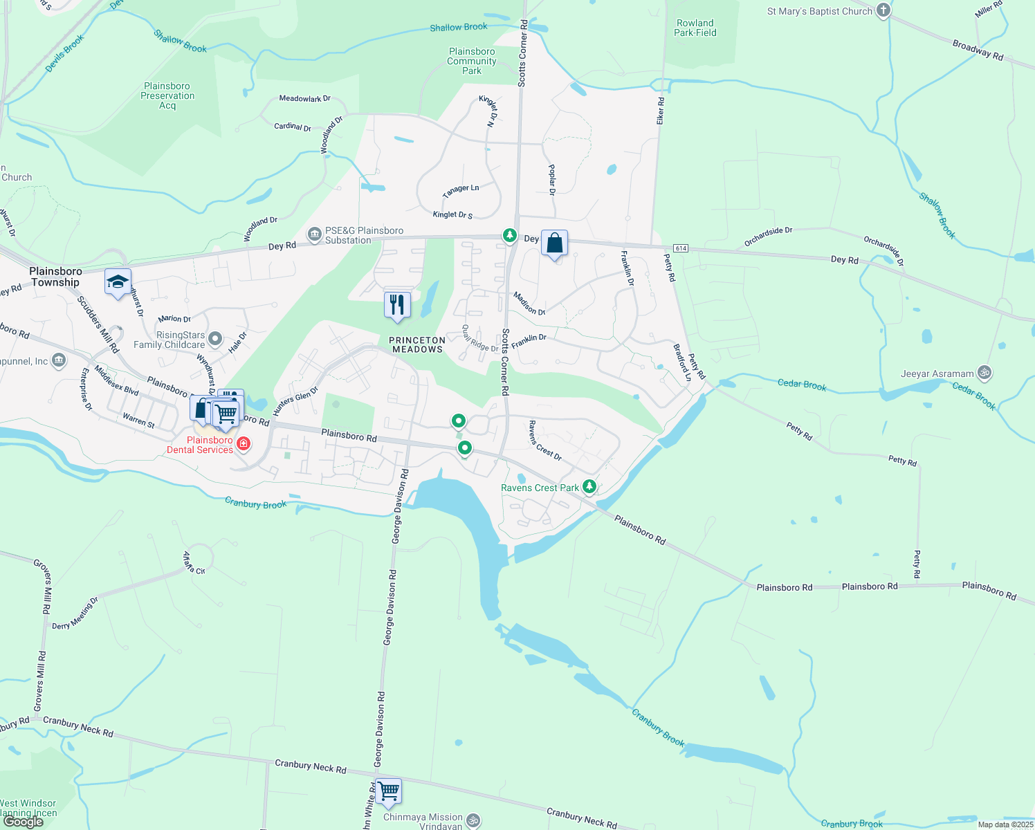 map of restaurants, bars, coffee shops, grocery stores, and more near 208 Ravens Crest Drive in Plainsboro Township