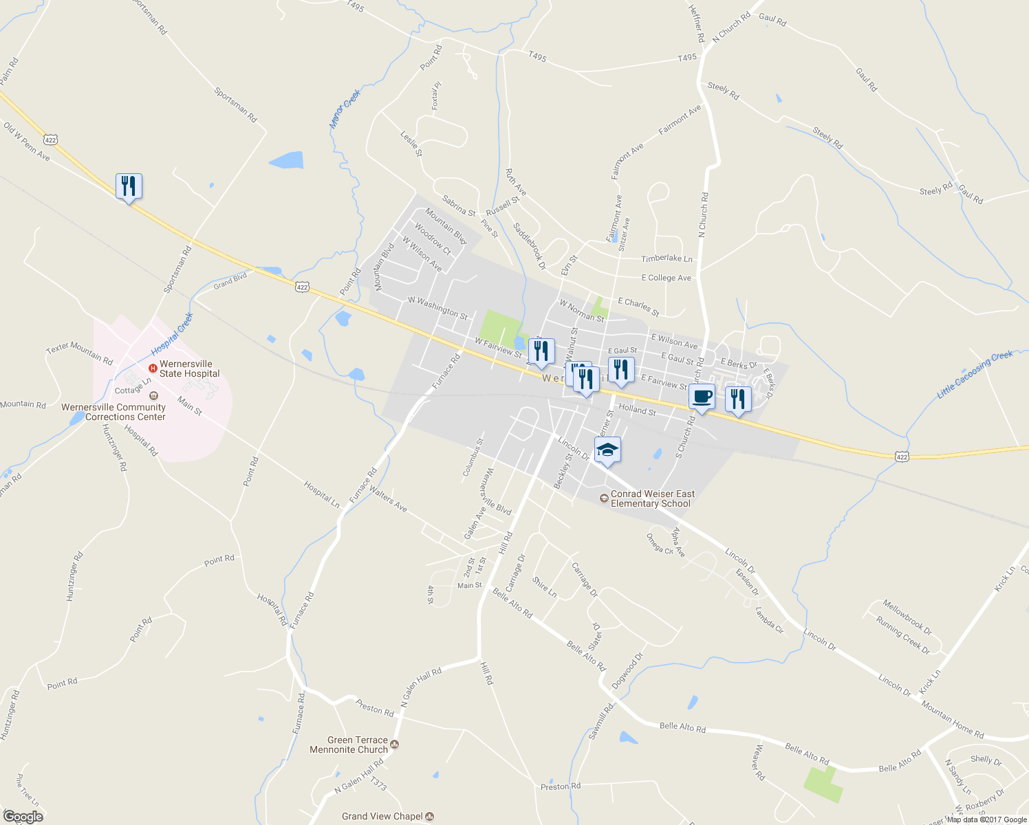 map of restaurants, bars, coffee shops, grocery stores, and more near 122 North Rosewood Court in Wernersville