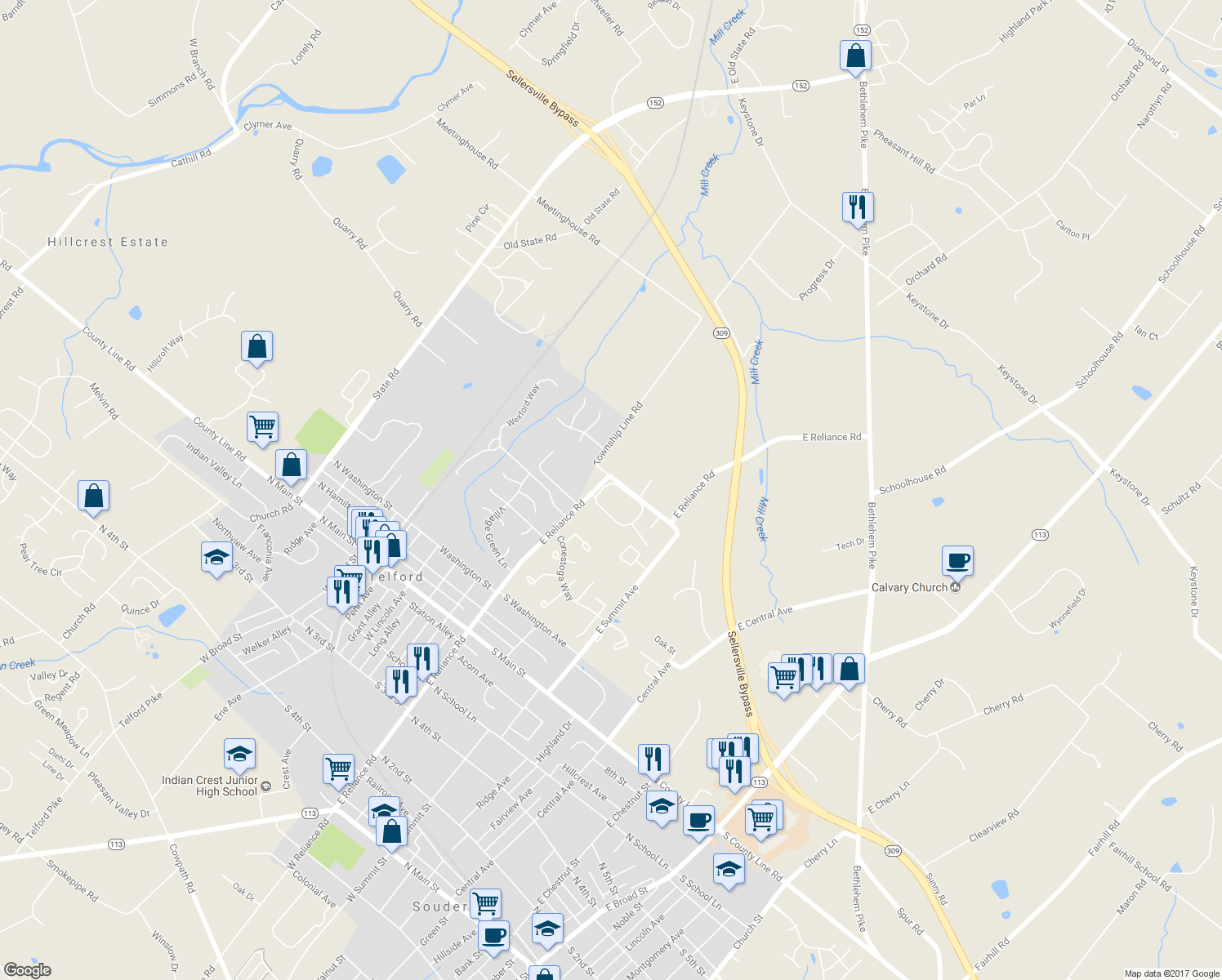 map of restaurants, bars, coffee shops, grocery stores, and more near 44 Centennial Road in Telford
