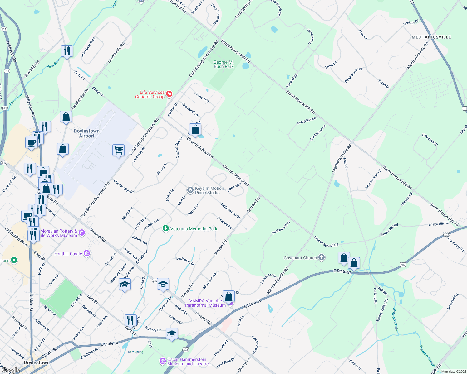 map of restaurants, bars, coffee shops, grocery stores, and more near 4042 Diane Way in Doylestown