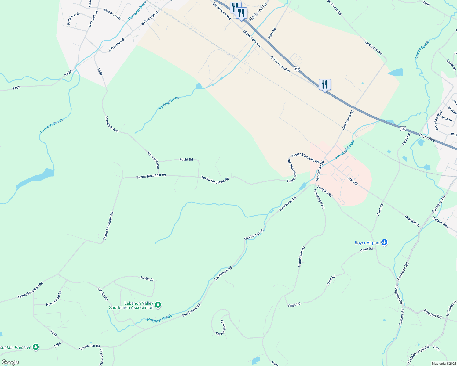 map of restaurants, bars, coffee shops, grocery stores, and more near 224 Texter Mountain Road in Wernersville