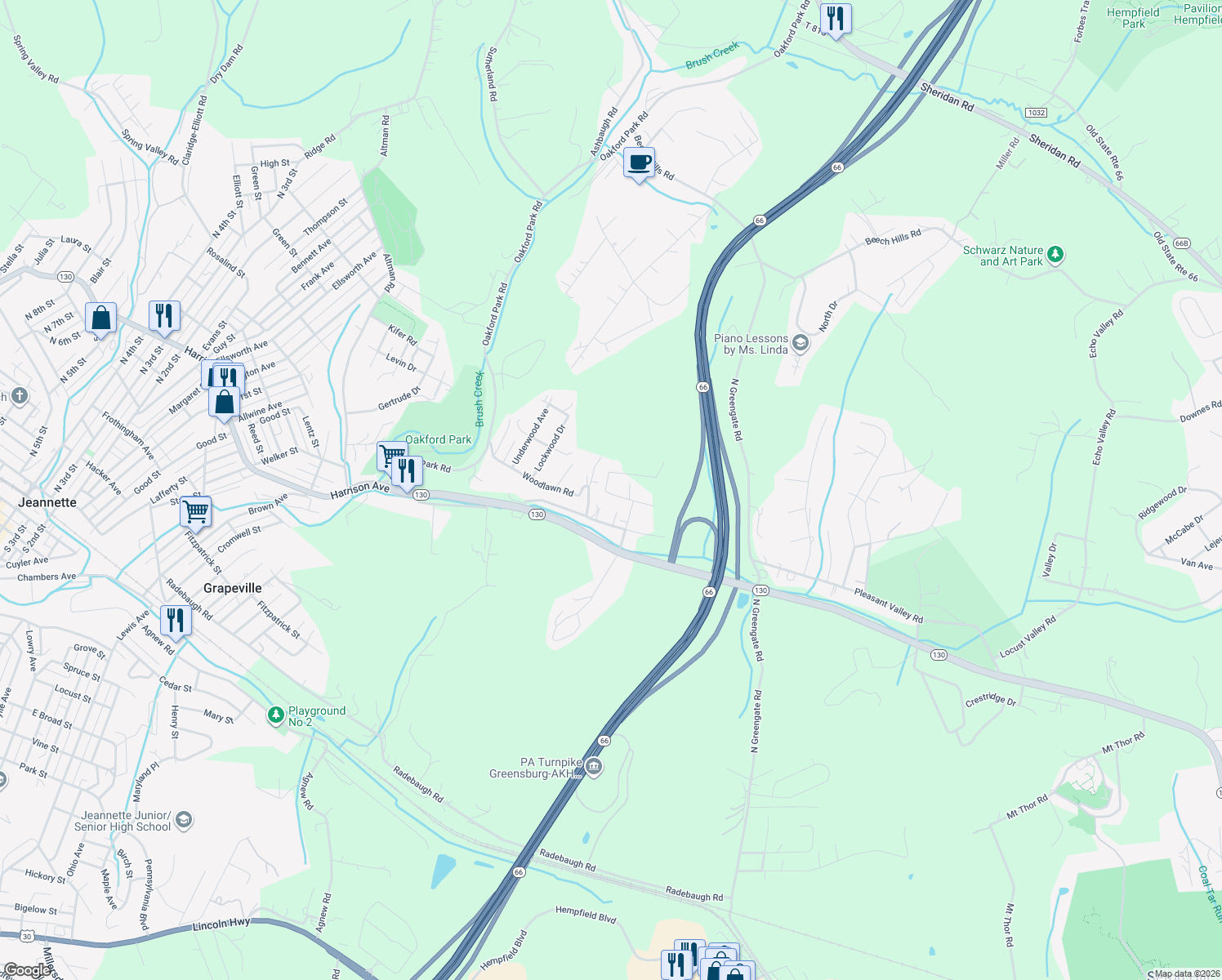 map of restaurants, bars, coffee shops, grocery stores, and more near 107 Rockwell Dr in Jeannette