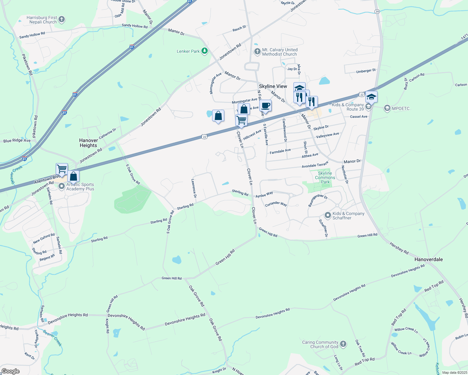 map of restaurants, bars, coffee shops, grocery stores, and more near 7516 Sterling Rd in Harrisburg