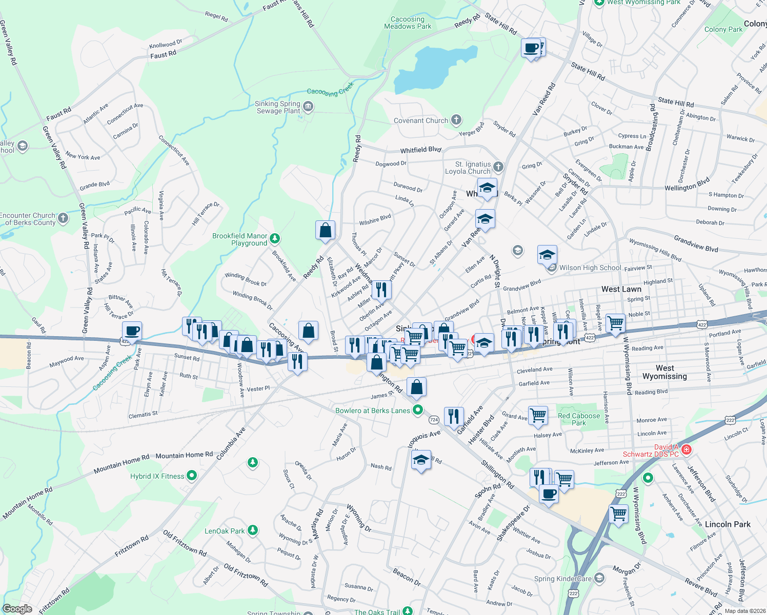 map of restaurants, bars, coffee shops, grocery stores, and more near 164 Oberlin Avenue in Sinking Spring