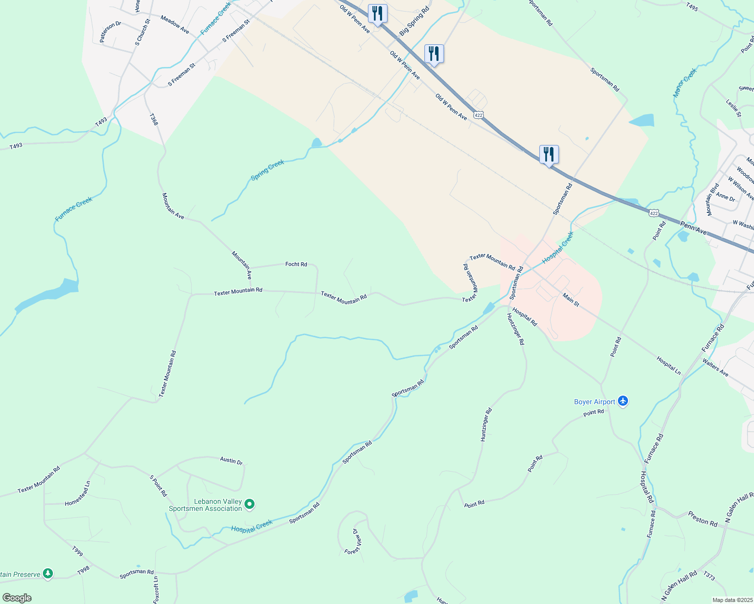 map of restaurants, bars, coffee shops, grocery stores, and more near 224 Texter Mountain Road in Wernersville