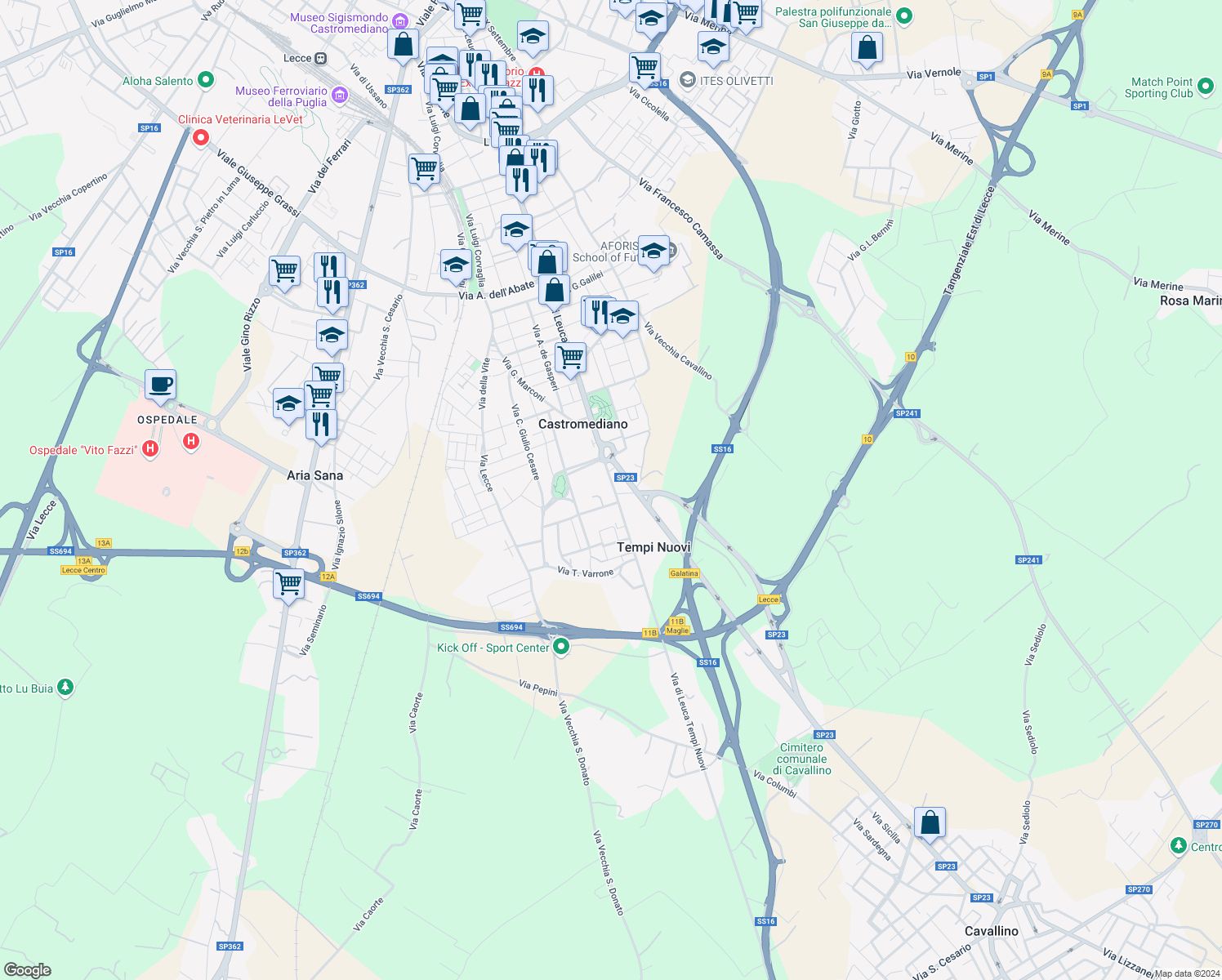 map of restaurants, bars, coffee shops, grocery stores, and more near SP23 in Castromediano