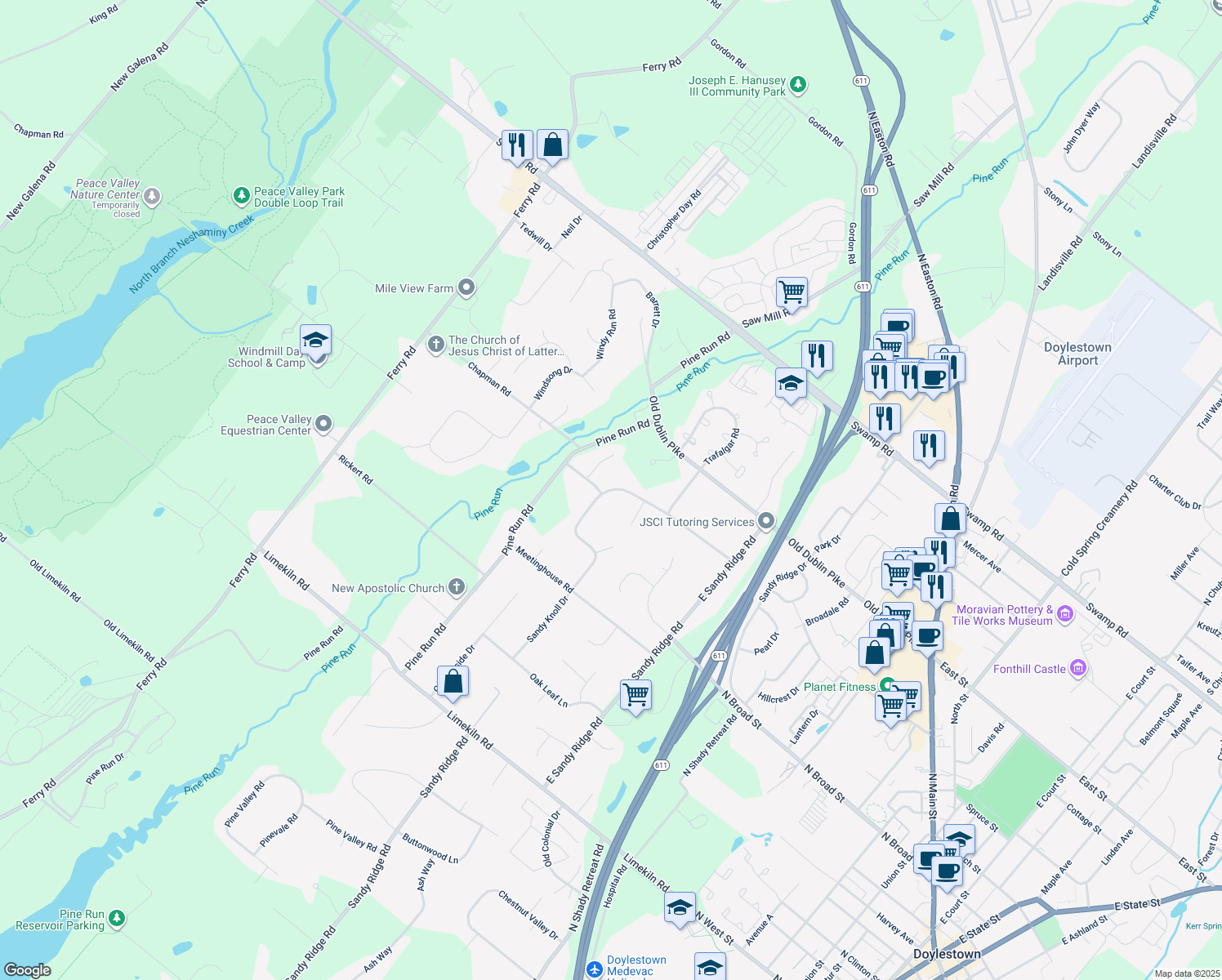 map of restaurants, bars, coffee shops, grocery stores, and more near 138 Sandy Knoll Drive in Doylestown
