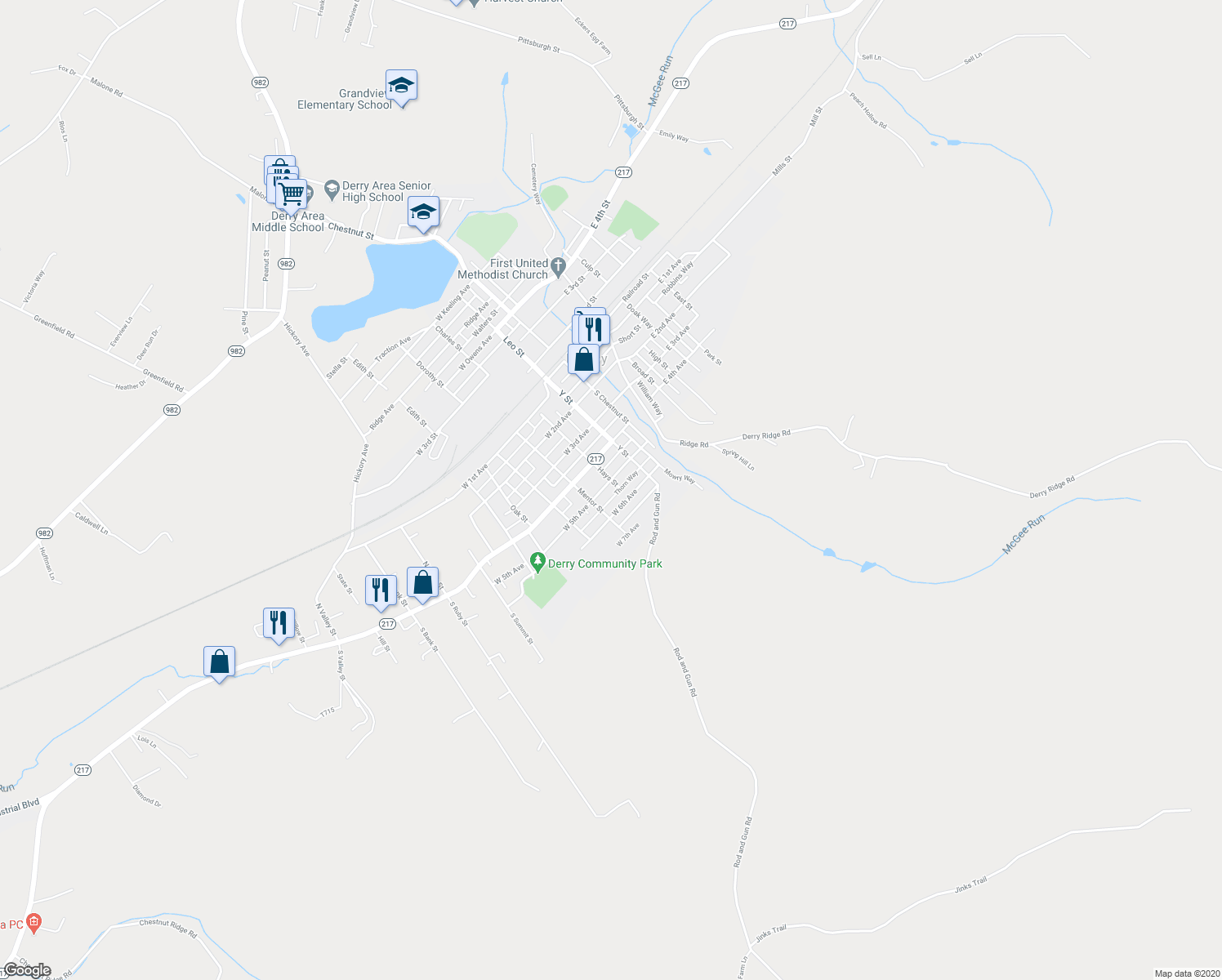 map of restaurants, bars, coffee shops, grocery stores, and more near 307 West 5th Avenue in Derry
