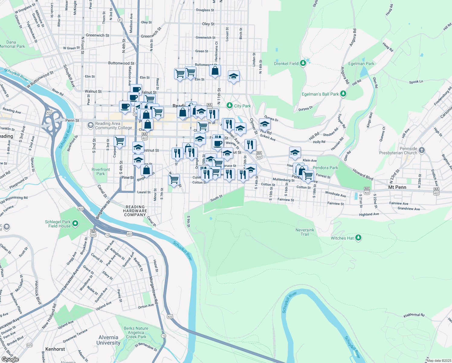 map of restaurants, bars, coffee shops, grocery stores, and more near 1147 Cotton Street in Reading