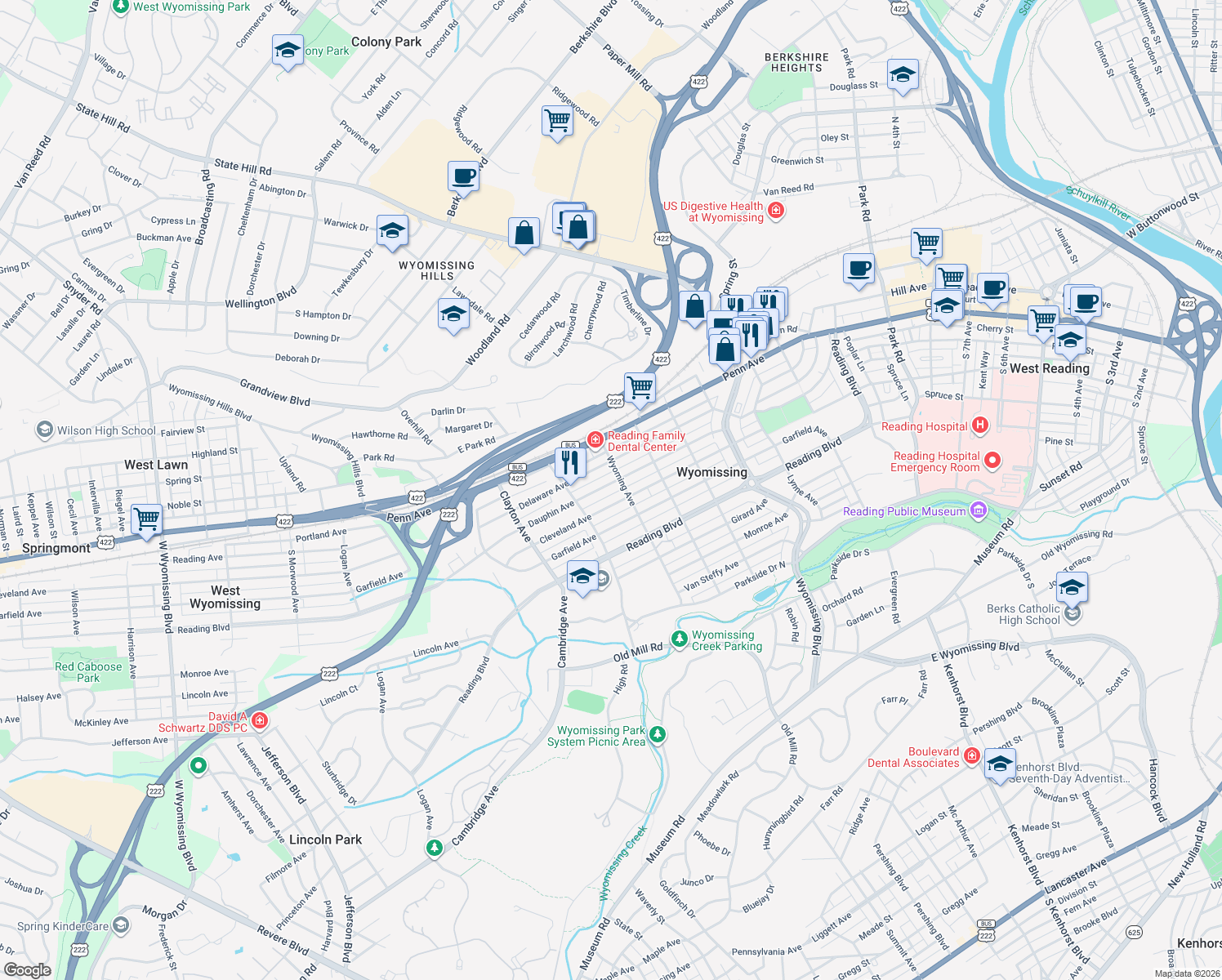 map of restaurants, bars, coffee shops, grocery stores, and more near 1512 Dauphin Avenue in Wyomissing