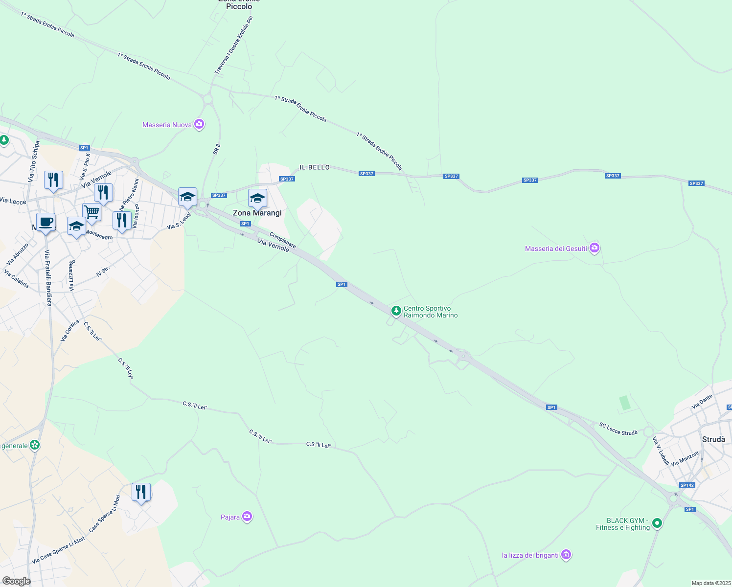 map of restaurants, bars, coffee shops, grocery stores, and more near 10 Strada Provinciale Lecce Melendugno Carpignano in Provincia di Lecce