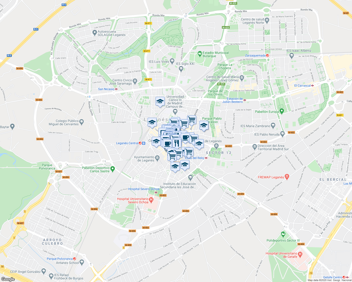 map of restaurants, bars, coffee shops, grocery stores, and more near 5 Calle Jeromín in Leganés