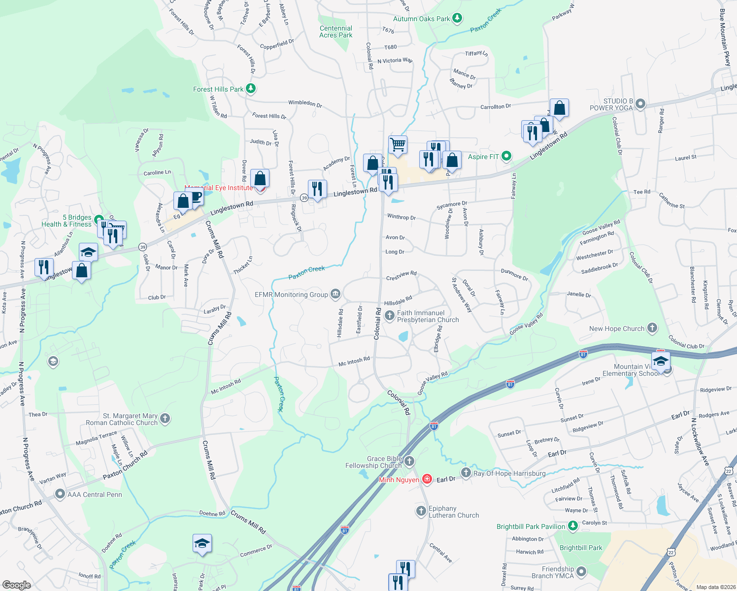 map of restaurants, bars, coffee shops, grocery stores, and more near 4204 Hillsdale Rd in Harrisburg