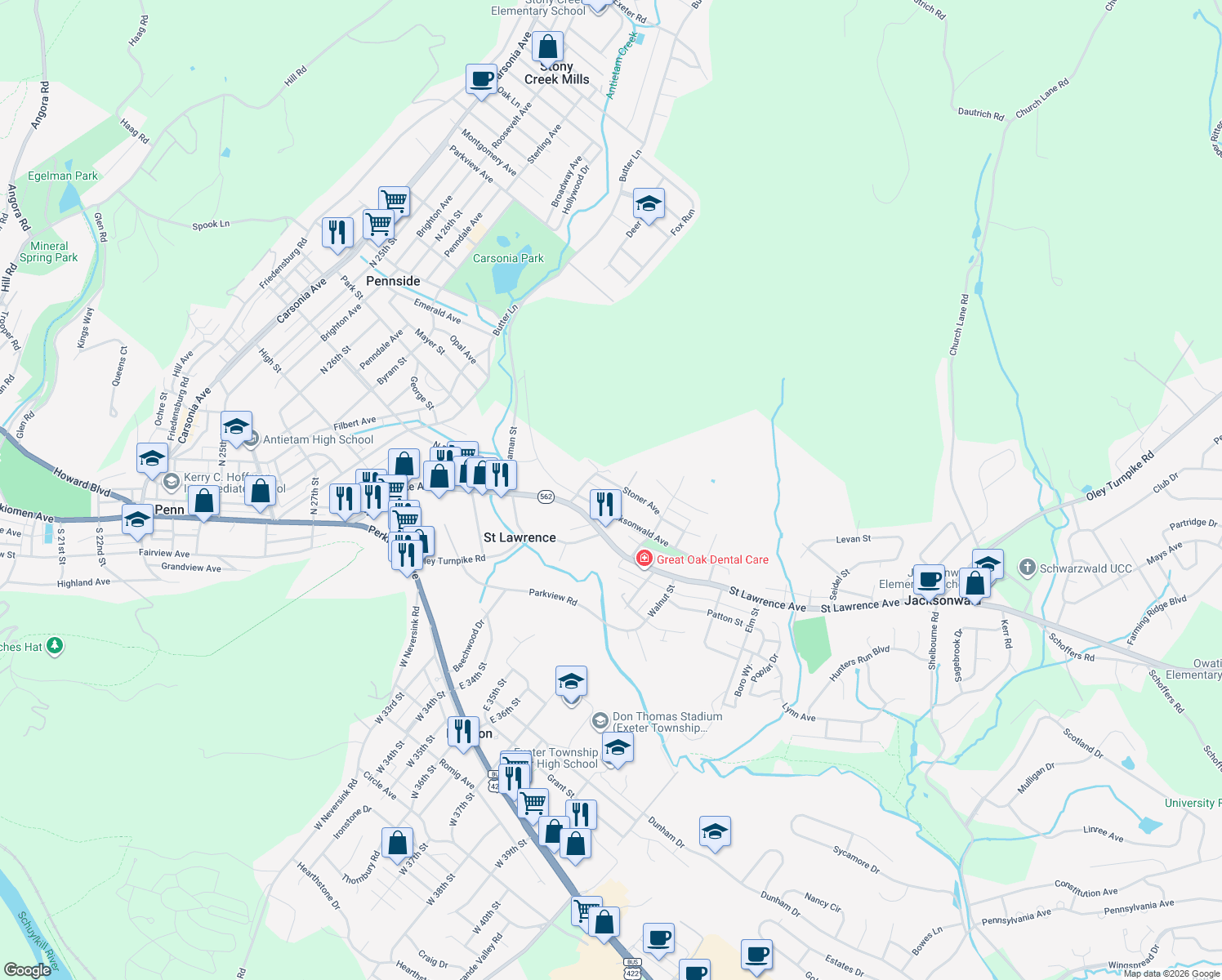 map of restaurants, bars, coffee shops, grocery stores, and more near 3324 Stoner Avenue in Reading