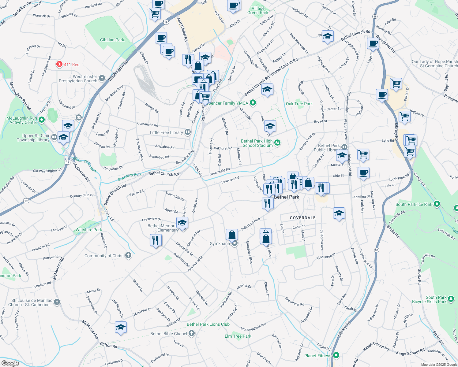 map of restaurants, bars, coffee shops, grocery stores, and more near 3029 Eastview Rd in Bethel Park