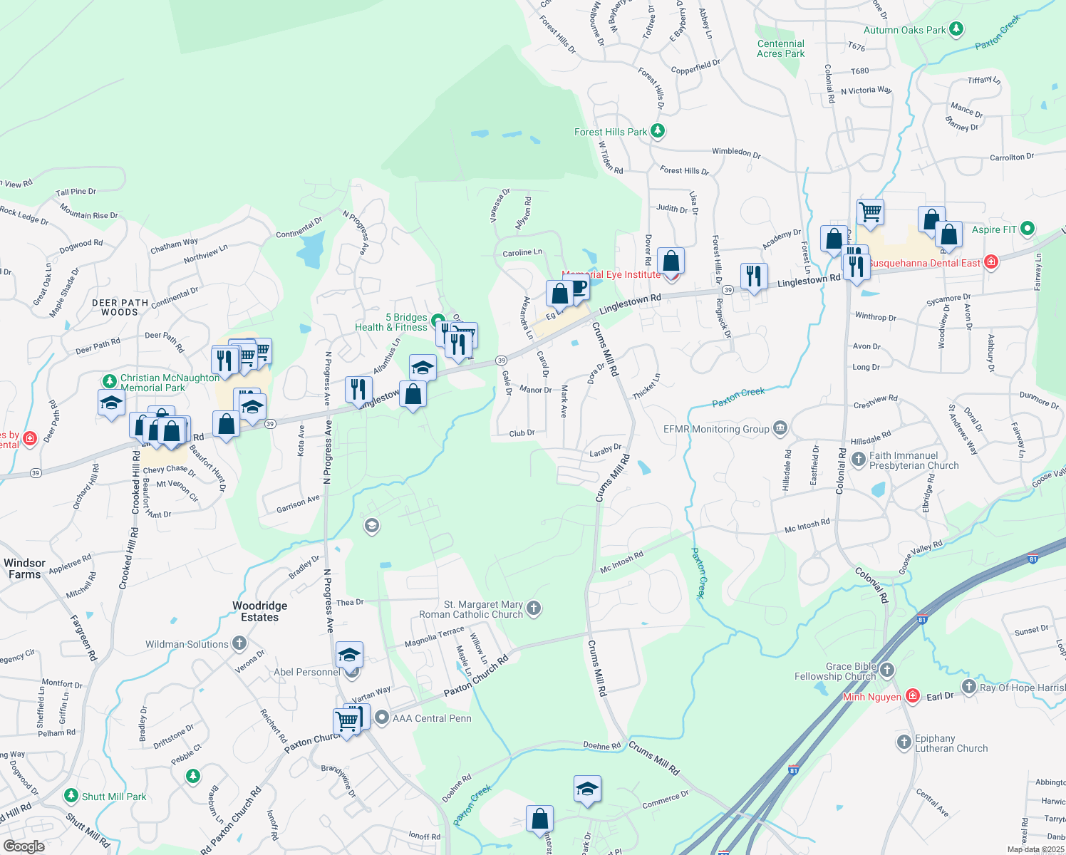 map of restaurants, bars, coffee shops, grocery stores, and more near 3820 Club Dr in Harrisburg