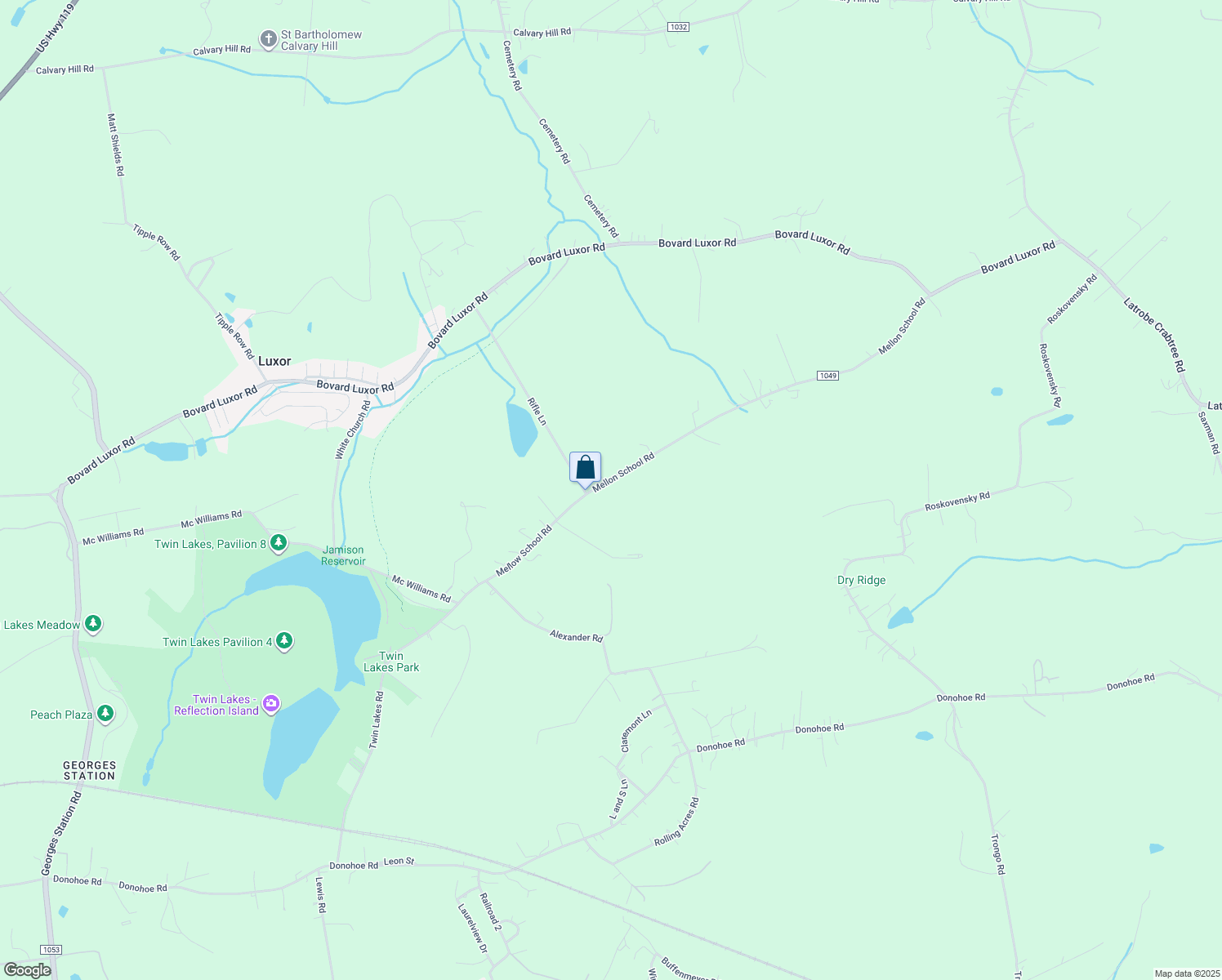 map of restaurants, bars, coffee shops, grocery stores, and more near 372 Twin Lakes Road in Latrobe