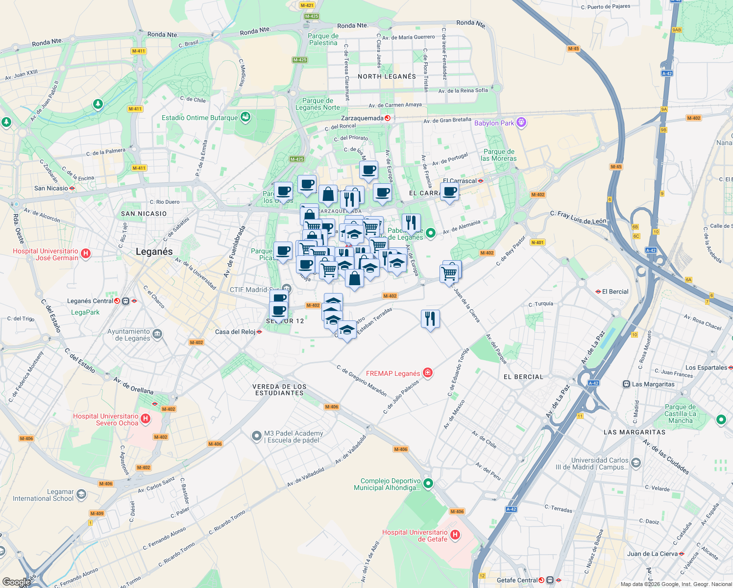 map of restaurants, bars, coffee shops, grocery stores, and more near 26 Calle de las Alpujarras in Leganés
