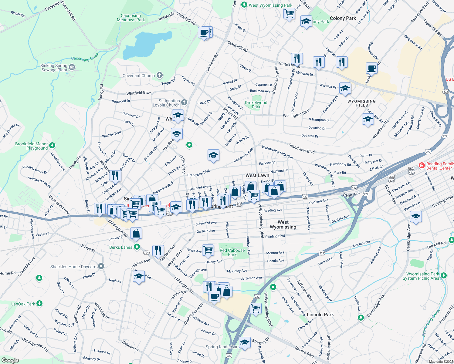 map of restaurants, bars, coffee shops, grocery stores, and more near 201 Cecil Avenue in West Lawn