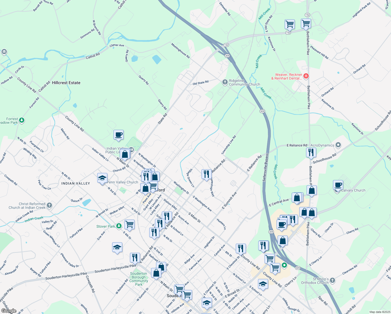 map of restaurants, bars, coffee shops, grocery stores, and more near 90 Stony Brook Circle in Telford