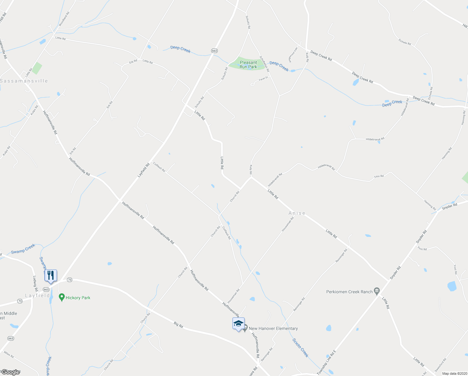 map of restaurants, bars, coffee shops, grocery stores, and more near 3829 Church Road in Perkiomenville