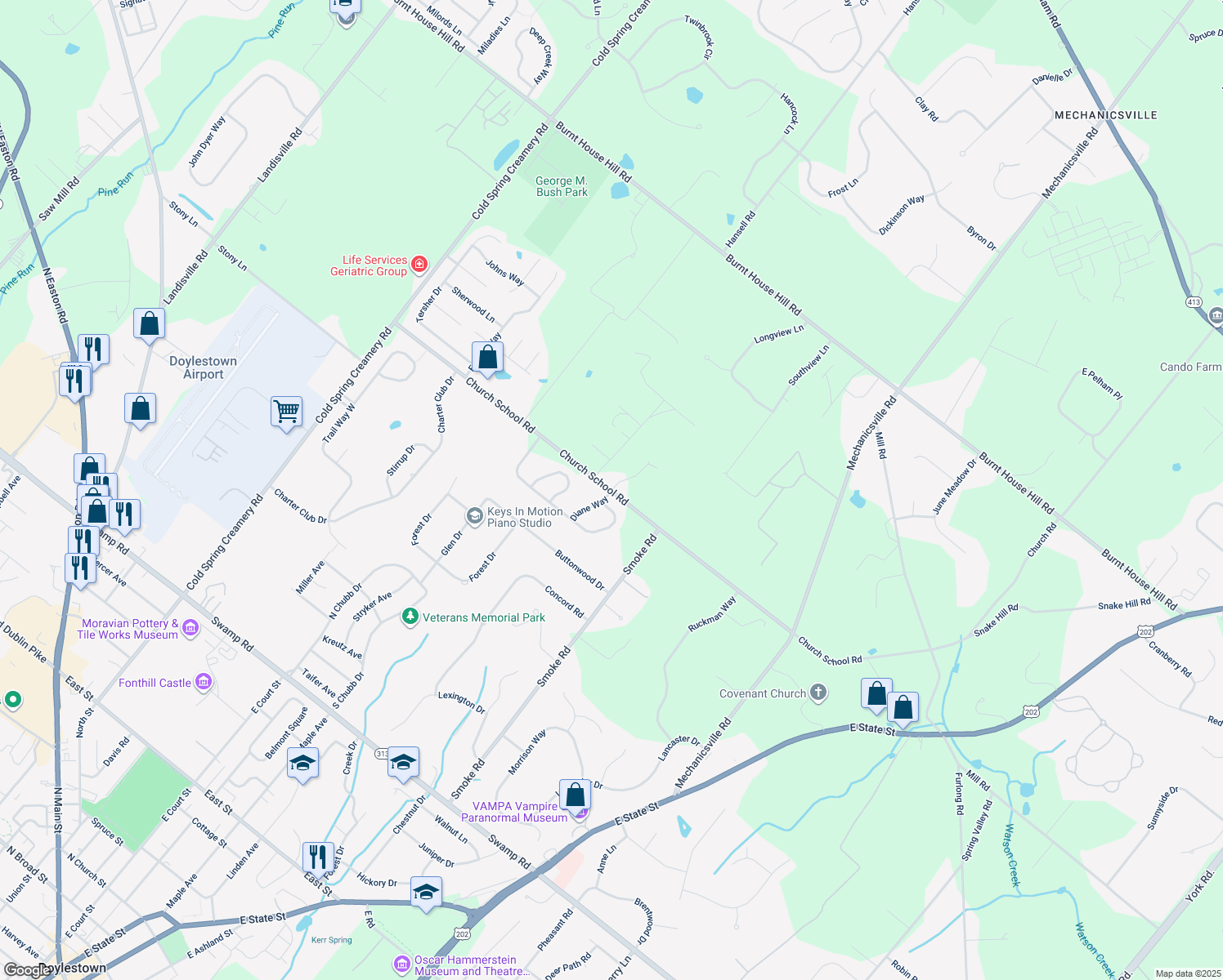 map of restaurants, bars, coffee shops, grocery stores, and more near 4104 Crestview Way in Doylestown